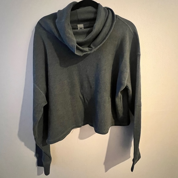 Mono B Gray Boxy Crop Cowl Neck Waffle Knit Pullover - Picture 1 of 8